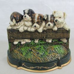 Vintage Cast Iron Door Stop 5 Puppies Looking Over Fence. Heavy


