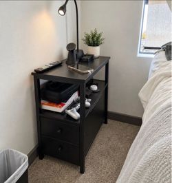 Narrow Nightstand w/ Charging Station, Side Table with 2 Drawer & USB Ports & Power Outlets