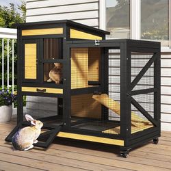 40-Inch Rabbit Cage, Indoor/Outdoor Bunny Hutch, 2-Story Wooden Guinea Pig Cage with Wheels and 2 Deep, Leak-Proof Trays