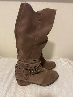 Tall Brown Suede Boots with Buckle Straps
