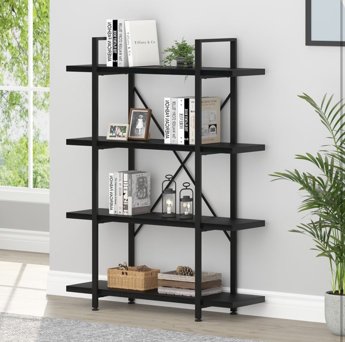 New 4 Tier Black Bookshelf, Industrial Metal Wood Storage Book Shelves, Modern Open 4 Shelf black