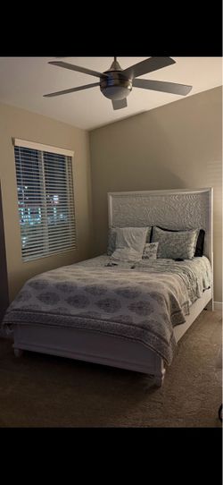 White Wood Bed Frame with Ornate Headboard