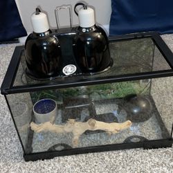 10 Gallon tank with hides and heat lamp.