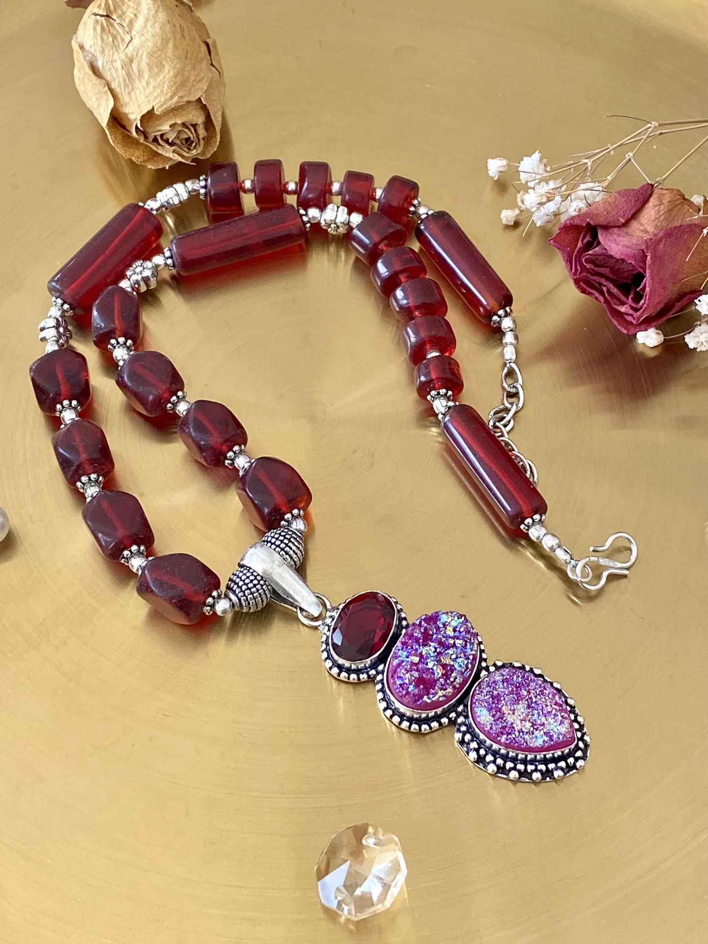 Titanium Druzy And Natural Garnet 925 Sterling Silver Overlay Handcrafted Beaded Necklace