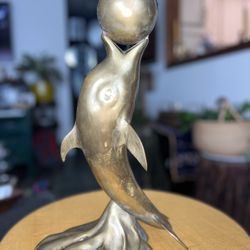 Vintage Brass Dolphin with Ball Statue Sculpture