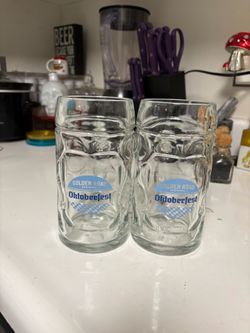 Clear Glass Oktoberfest Mugs with Blue Logo (Set of 2)