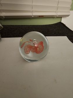 Vintage Clear Glass Globe Paperweight with Orange Floral Insert Murano Style