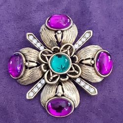 Signed Brooch Pin Glass Cabochon Jeweled Moghul Maltese Cross Gold Tone