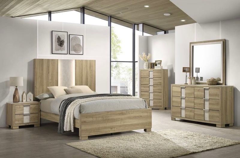 BEDROOM SET DRIFTWOOD LED PANEL 4PC (BED FRAME,DRESSER MIRROR $NIGHTSTAND)(CHEST NOT INCLUDED , AVAILABLE $200