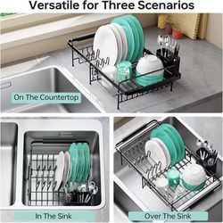 Urackify Dish Drying Rack in Sink - Expandable (14.5''-18''L) Over The Sink Dish Rack with Utensil Holder, Space-Saving Dish Drainer for Kitchen Count