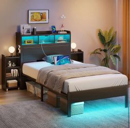 Twin Bed Frame with Bookcase Storage Headboard, Slide Out Bedside Storage, Bed with Charging Station & LED Lights, Heavy Duty Metal Slats, No Box Spri