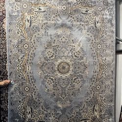 5x7 Gray Gold Beige Persian Silk Pile Rug – Elegant Medallion Design Carpet