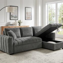 101"W Gray Chenille Reversible Sleeper Sectional Sofa with Storage Chaise, Cupholders, USB Charging Port, and Throw Pillows