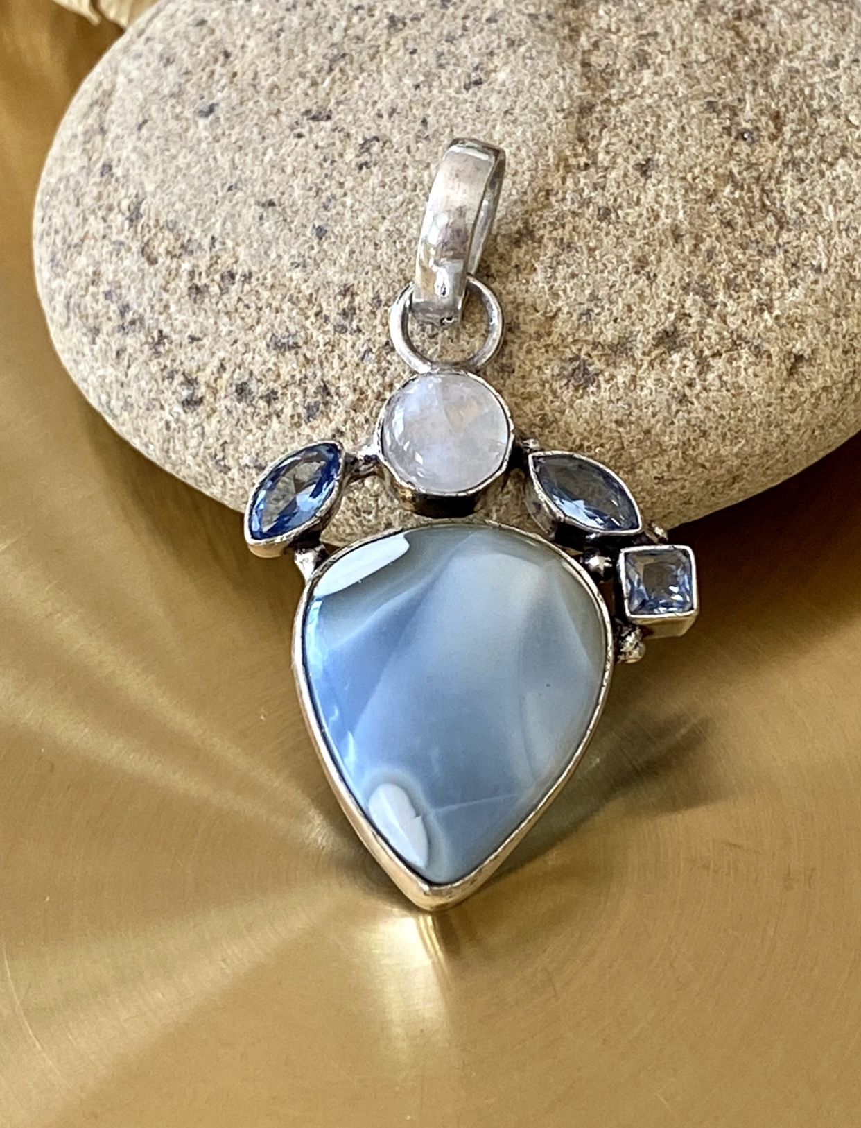 Owyhee Opal, Rainbow Moonstone And Blue Topaz 925 Sterling Silver Overlay Pendant