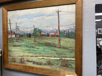 AB Signed Framed Realism Canvas Landscape Painting Mountains Houses Field