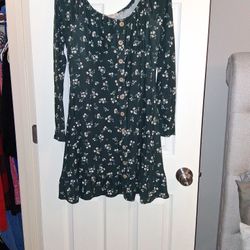 Xl Green Dress Beige Flowers Long Sleeve 