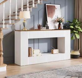 55 in. White Rectangle Wood Consol e Table with Storage, Long Sof a Table Behind Cou ch for Living Room Hallway