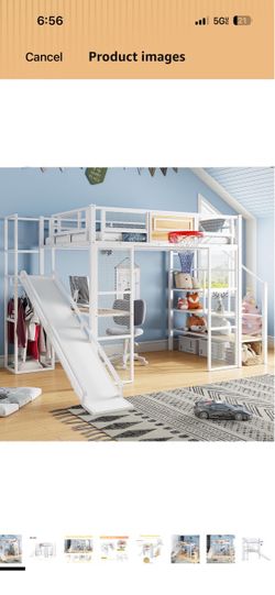 Full bed loft with shelves and slide