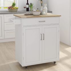 Assembled New Small Kitchen Island on Wheels White Rolling Trolley Cart Island Cart Storage Cabinet 