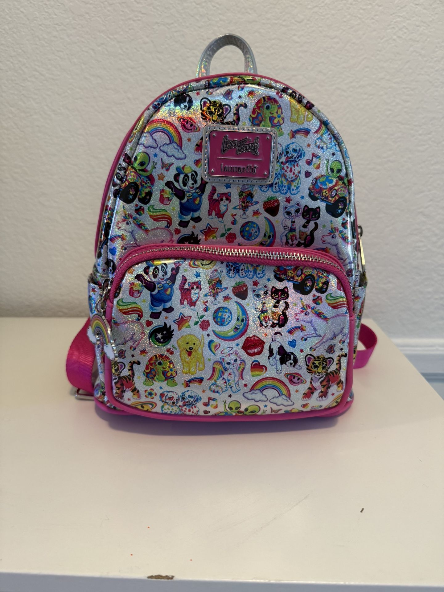 Loungefly Mini Backpack: LISA FRANK ALL OVER PRINT Holographic Iridescent Silver