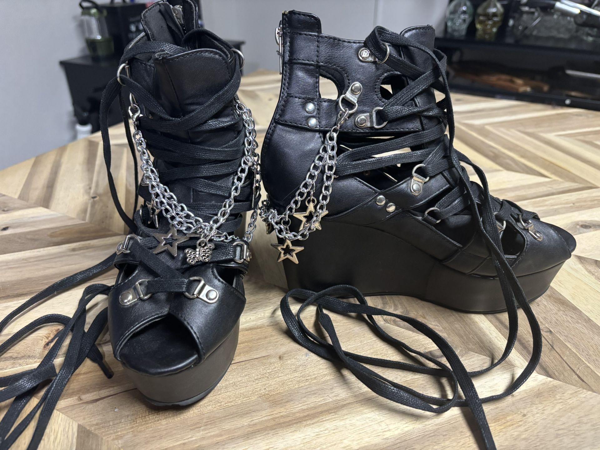 Black Lace Up Chain Wedge Platforms
