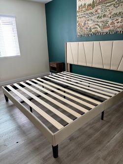 King Upholstered Platform Bed Frame, Light Beige