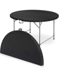 53" Round Folding Table 4.5 Feet Plastic Bi-Folding Commercial Dining Event Table for Indoor Outdoor Camping Picnic Party, Black