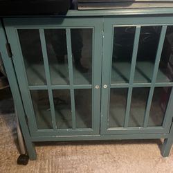 Vintage Turquoise Glass Door Wooden Cabinet - Charming Storage Piece