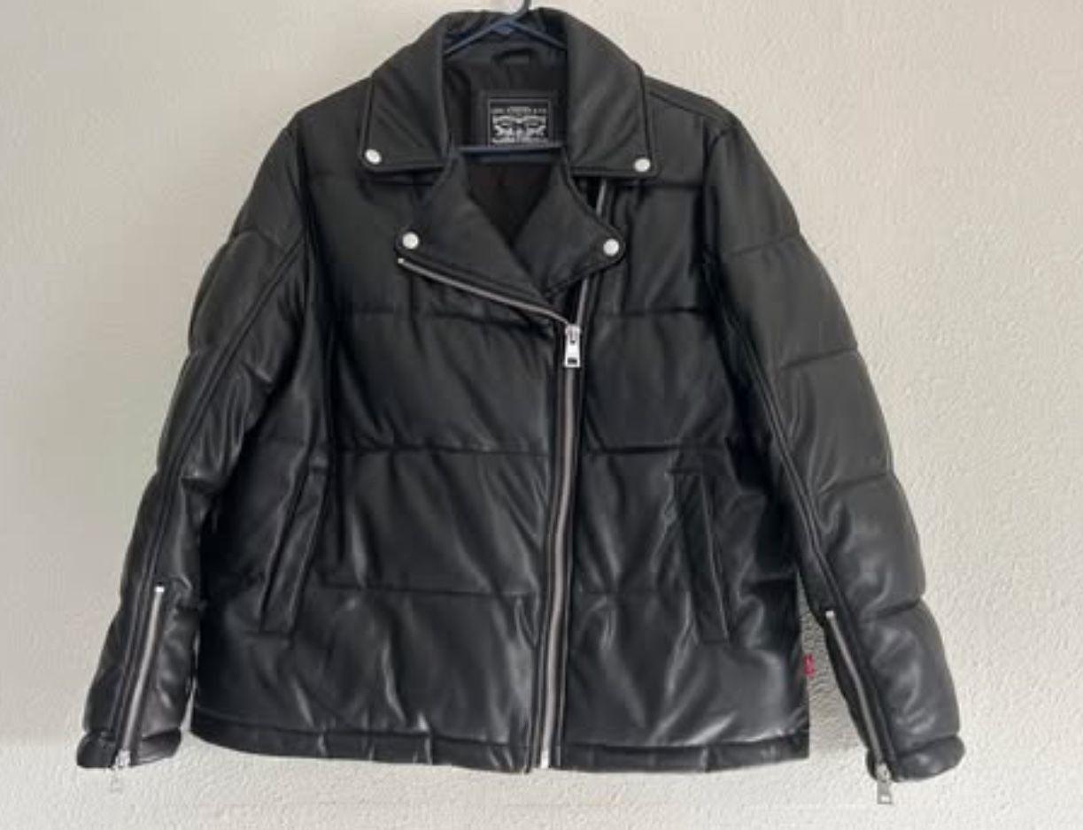 Levi's BLACK Women's Faux Leather Moto Puffer Jacket L