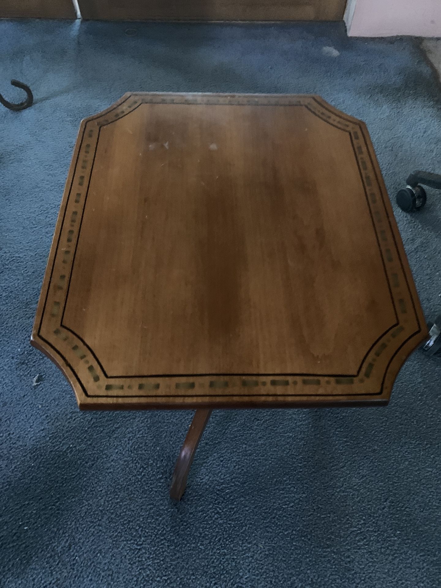 Small Pedestal Wood Table in good condition. Measures 14 1/2” x 12 3/8” x 20 1/2” tall.