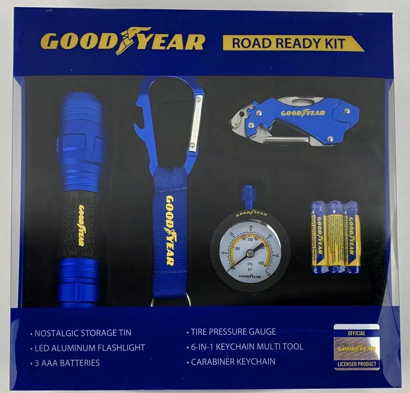 Goodyear Road Ready Kit (Flashlight, Tire Guage, Multi Tool, Carabiner Keychain)
