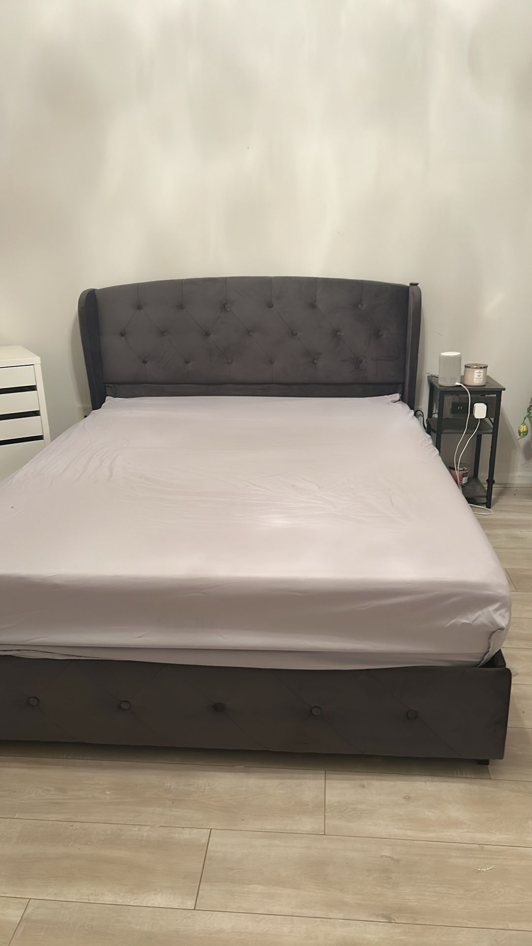 Queen Size Bed With Drawers, LED Lights And Charging Ports