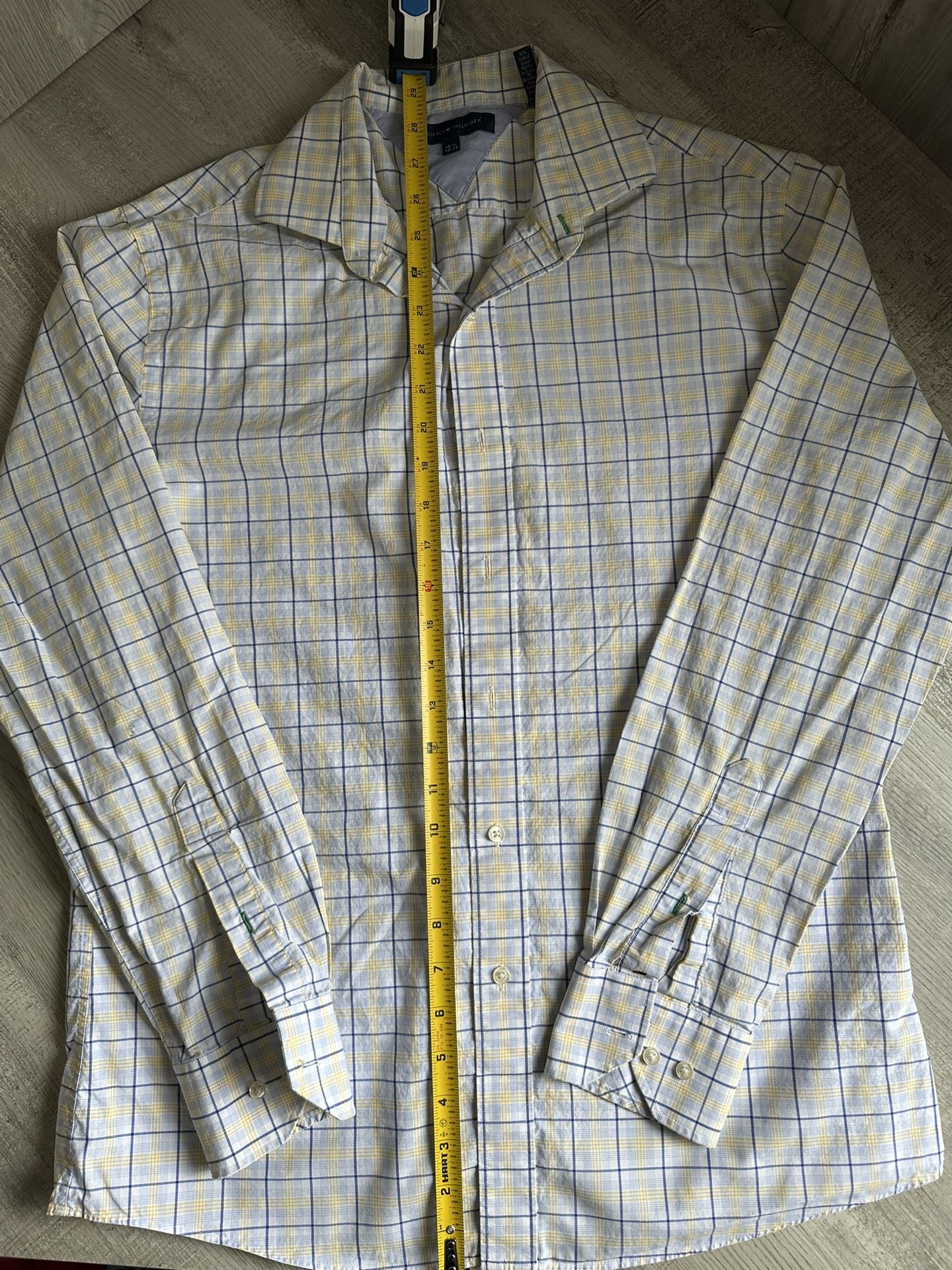 Tommy Hilfiger Mens Shirt 15.5 Yellow Blue Plaid Oxford Button Up Regular Fit