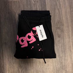 Sp5der Black Angel Number Sweatpants Pink Stars NWT S