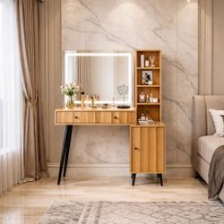 44" W x 55" H Vanity Desk Mirror with Light, Makeup Vanities Large Wave Fluted Dressing Table & 2 Dr