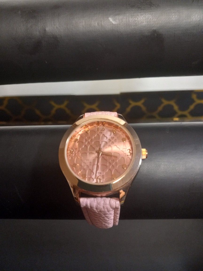 Accutime Women’s Watch; Pink Face with Heart Cutouts, Rose Gold Bezel and Numbers, Pink Faux Leather Band

