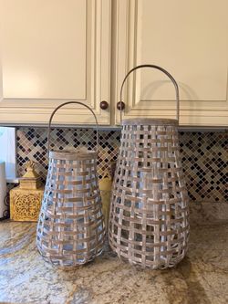 Set of 2 Woven Wood Outside Lanterns (19” & 15” tall)