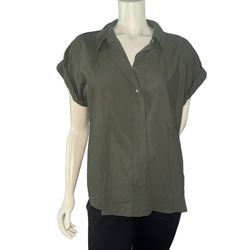 A New Day Women’s Short Sleeve Button-Down Shirt Blouse Army Green Boxy Fit Jersey Size XL 