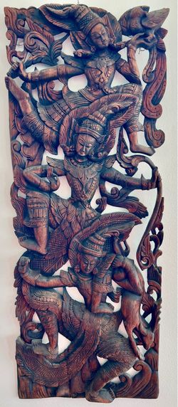 Indonesian Handmade Hand-Carved Wooden Wall Art Panel with Figures