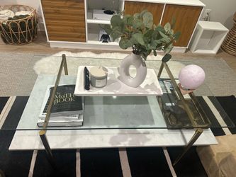 Modern Glass & Marble Coffee Table – Gold Frame