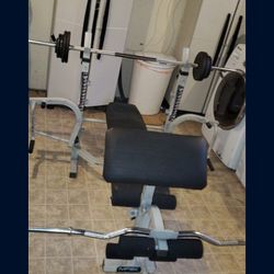 Weight bench with big bar and curl bar. Weights shown in picture.  Powerhouse 688 mpex. 
