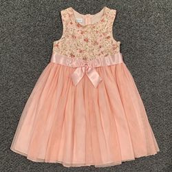 Bonnie Jean girls size 5 floral lace bodice and peach-pink ballerina style tulle dress with satin bow sash - perfect for Easter 