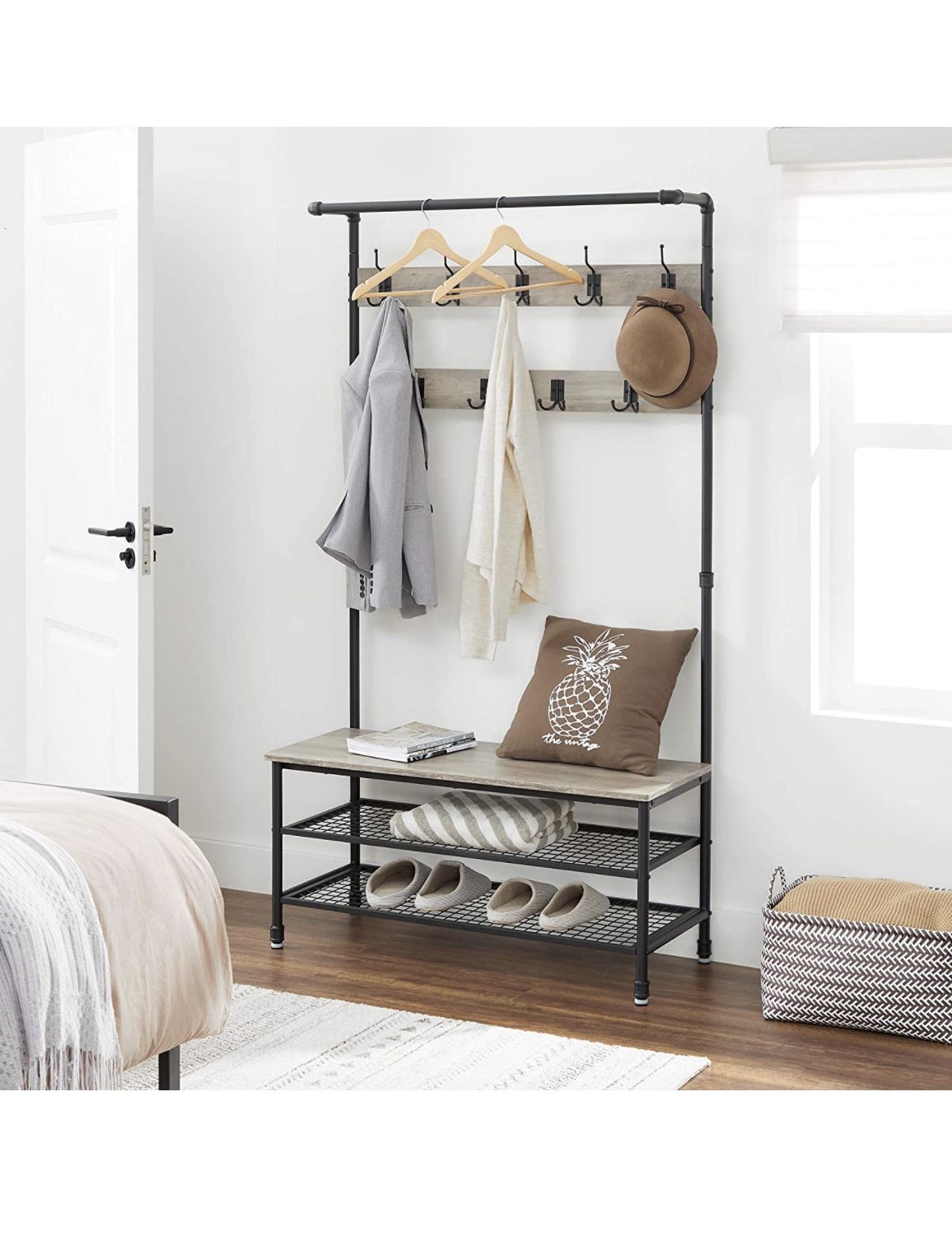 Coat Shoe Rack Hall Tree with 9 Hooks, Steel Frame Pipe Style, 39.4", Greige
