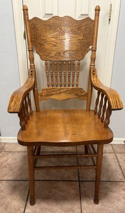 Solid Oak Chair w/ Arms Pressed Back Design w/ Scrollwork