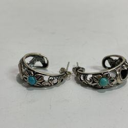 Western Designer Carolyn Pollack Sterling Silver & Turquoise Stud Hoop Earrings