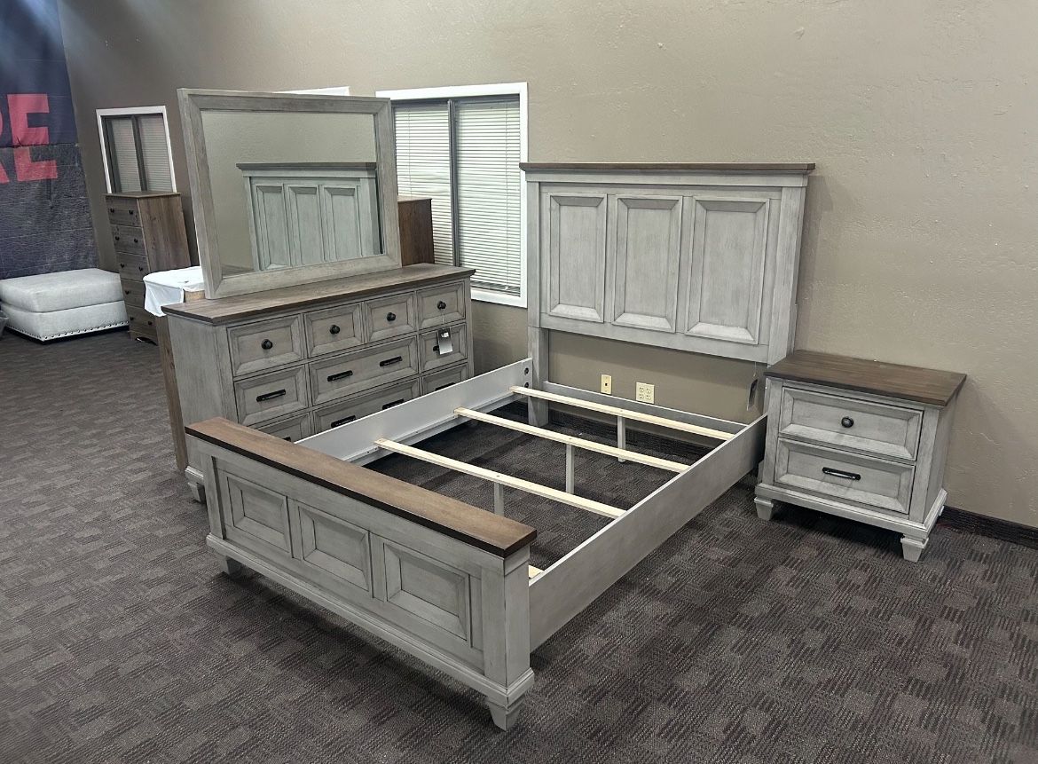 Solid Wood Grey And Brown Queen Bed Set