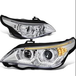 08-10 BMW 528i/535i/550i/M5 Chrome Housing Clear Angel Eyes Headlights Faros De Caro Transparente 