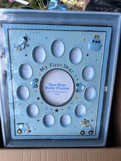 My first year photo frame in blue with labeled month to one year
