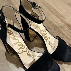 Sam Edelman Black Suede Block Heel Sandals 7.5 Ankle Strap 