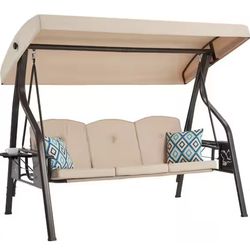 New in Box 3-Person Metal Patio Swing Outdoor with Adjustable Polycarbonate Canopy Khaqi